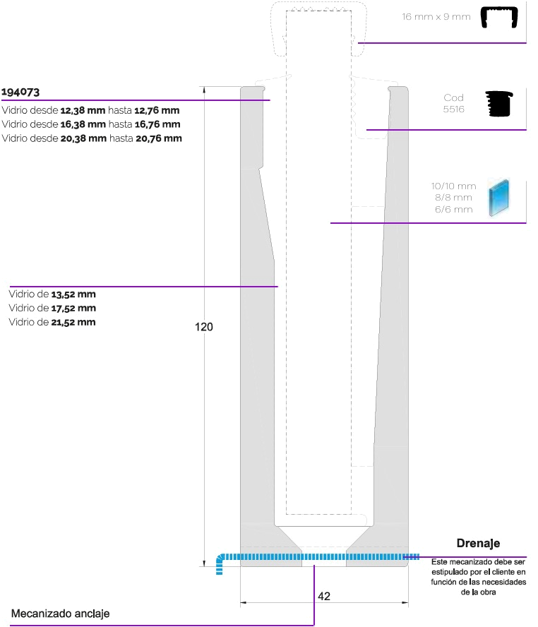 Sección del perfil U de la baranda de vidrio Glass Rail